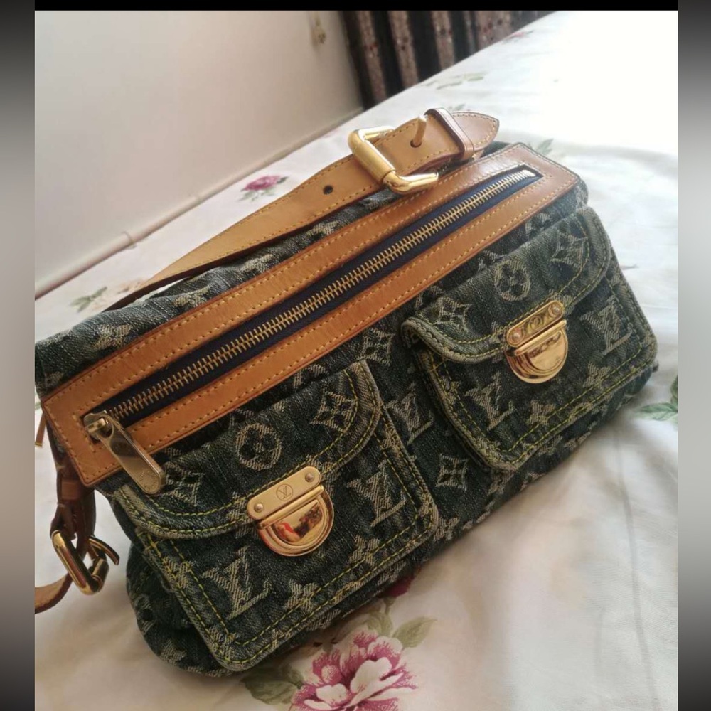Designer-Inspired Monogram Denim Shoulder Bag in Blue and Tan